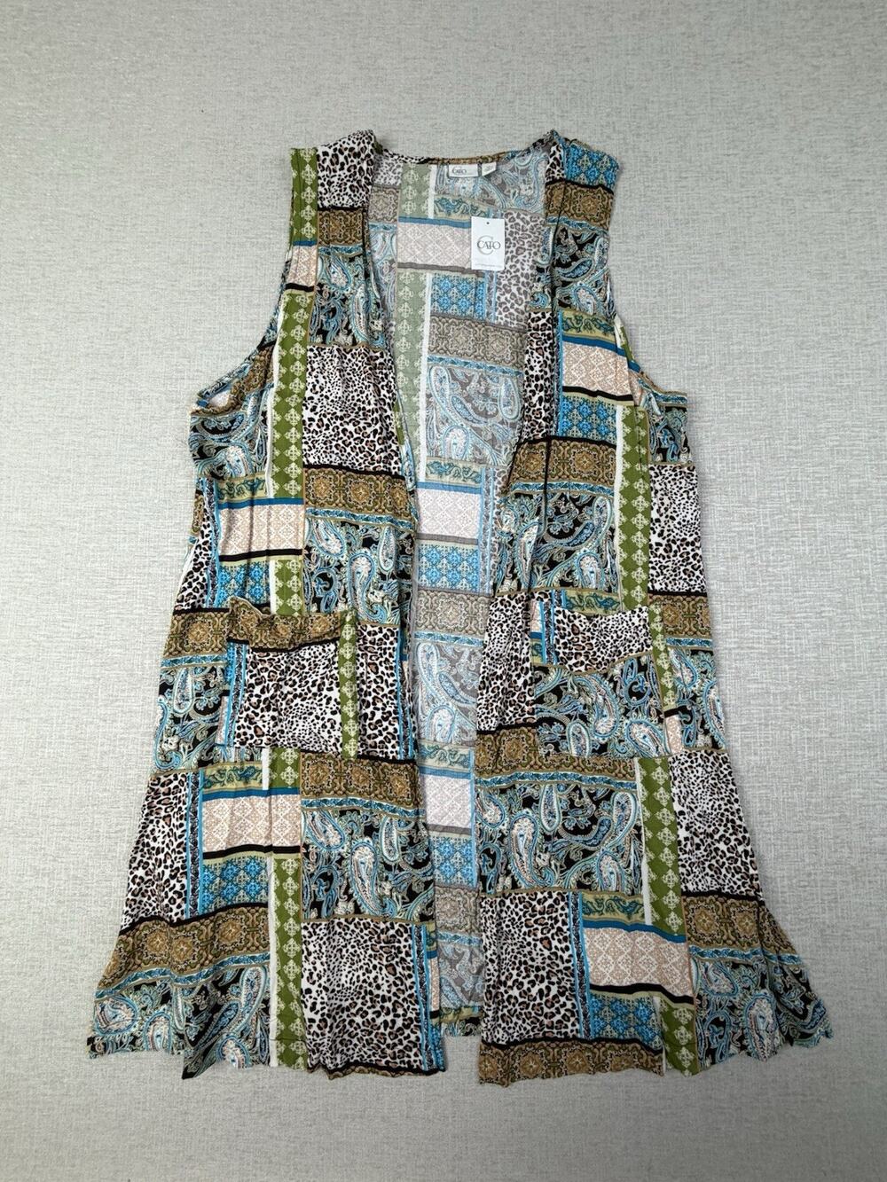 NWT Cato Women’s XL Patchwork Paisley Leopard Print Long Duster Vest